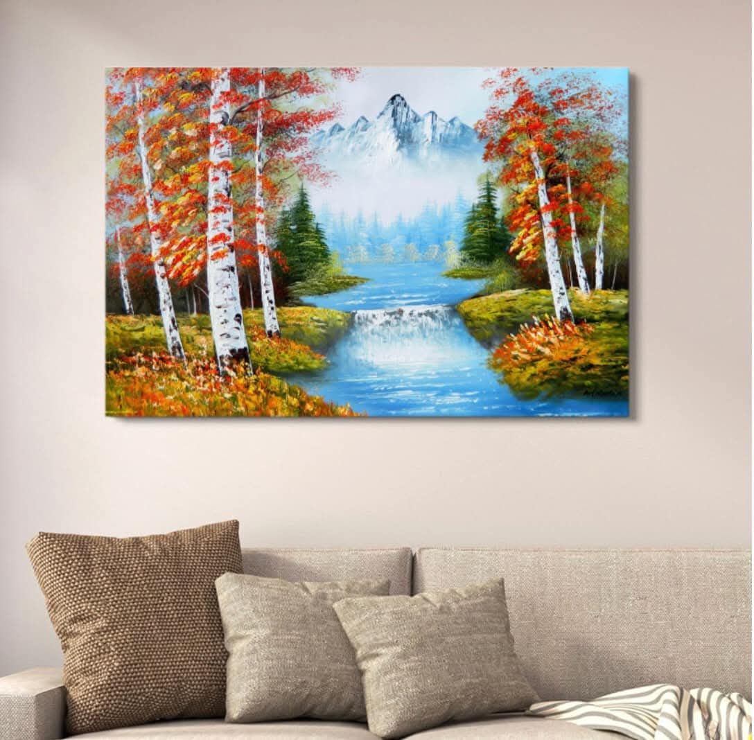 Product Title Autumn Mountain River Canvas Wall Art | Scenic Forest & Waterfall Landscape Painting | 12x16 Inch Home Décor with Double-Sided Tape