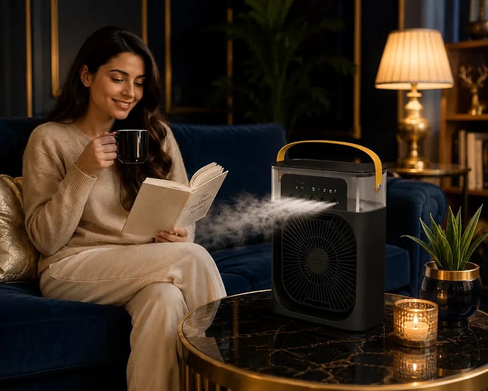 18-Inch Portable Mini Air Cooler Fan with Water Mist Spray | USB Powered, 3-Speed Cooling, LED Light & Timer